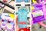 collage image of febreze plug refills, neutrogena astringent, and poise liners