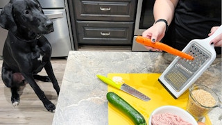 a person grating a carrot and prepping food with a dog looking while sitting on the floor