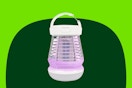 A white and silver rechargeable bug zapper with a hanging hook and an LED light.