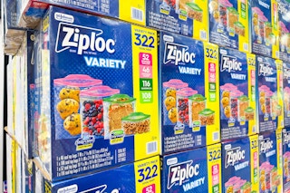 boxes of ziploc bags stacked at costco