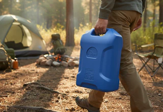 person carrying a blue 6-gallon watering jug to a camp site