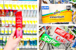 collage with old spice, bounty, and coke products