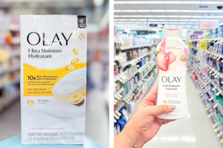 collage with olay bar soap and body wash