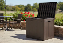 brown deck box on a patio