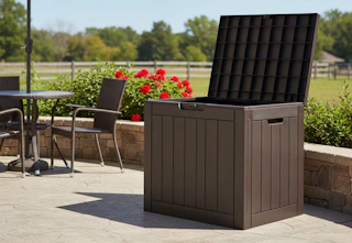 brown deck box on a patio
