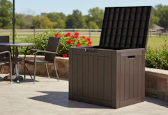 brown deck box on a patio