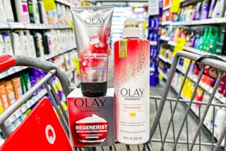 shopping cart with olay body wash and skincare
