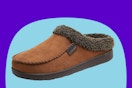 One Dearfoams men's memory foam slipper is brown faux leather with dark brown faux sherpa and an indoor-outdoor sole.