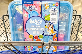 bluey sensory bin in a cart