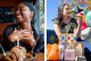 two photos of people enjoying their birthday freebie items 