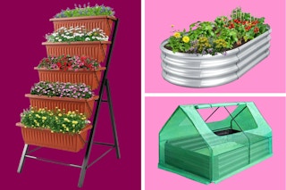 raised garden beds on a pink and maroon background