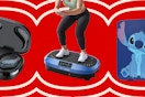 over the ear hook earbuds, blue vibration plate, and Disney's Stitch mini fridge