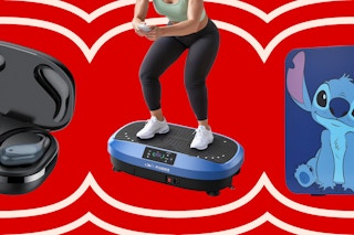 over the ear hook earbuds, blue vibration plate, and Disney's Stitch mini fridge