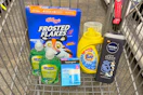 softsoap hand soap, neutrogena moisturizer, tide simply detergent, nivea body wash, and frosted flakes cereal in a cart