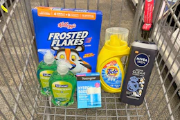 softsoap hand soap, neutrogena moisturizer, tide simply detergent, nivea body wash, and frosted flakes cereal in a cart