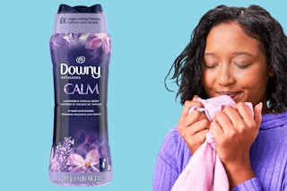 A bottle of Downy scent beads and a woman breathing in the scent of her laundry