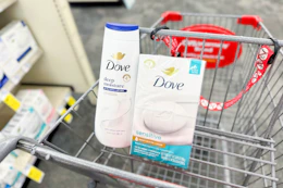 dove body wash and bar soaps in a cart