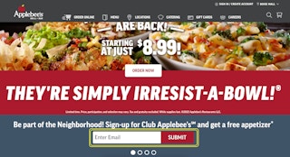 A screenshot of the Applebee's website email sign up page
