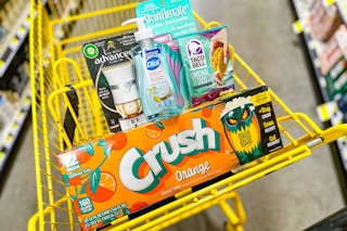 groceries in a yellow shopping cart