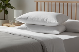 linens & hutch pillows on a bedd