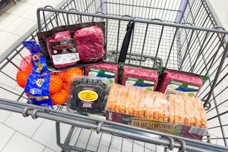 mandarins, blackberries, hashbrowns, and meat in a cart