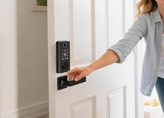 a person opening a door with a digital door lock