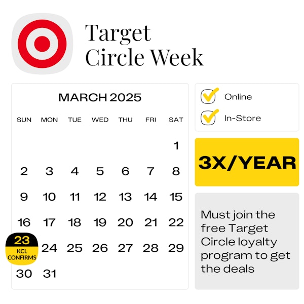 Calendar graphic showing the confirmed start date for the next Target Circle Week sale as March 23, 2025.