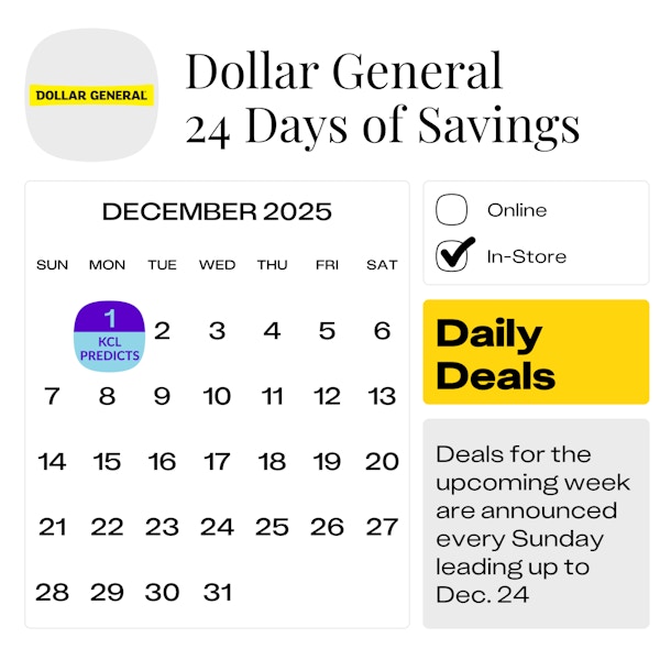 Calendar graphic showing that the next Dollar General 24 Days of Savings event is predicted to start on Dec. 1, 2025.