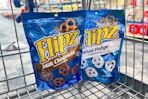 flipz chocolate covered pretzel bags in a shopping cart
