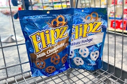 flipz chocolate covered pretzel bags in a shopping cart