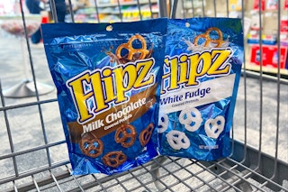 flipz chocolate covered pretzel bags in a shopping cart