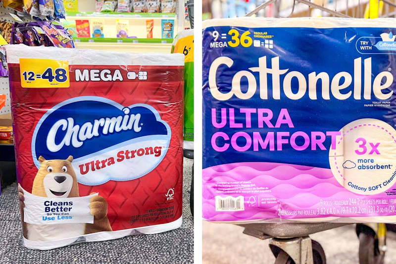 collage image of charmin and cottonelle toilet paper