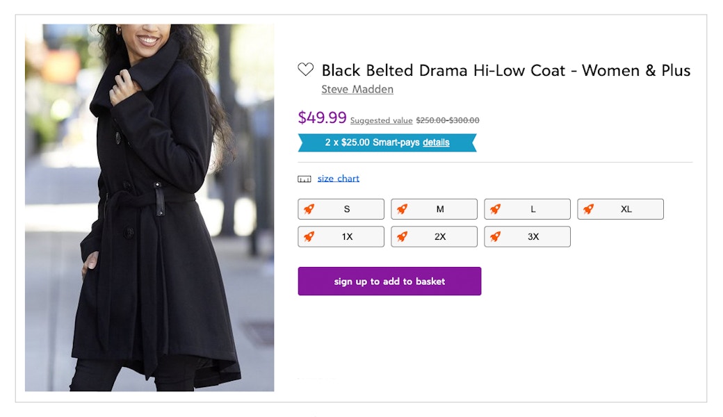 zulily screenshot of steve madden black belted drama hi-low coat