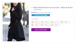 zulily screenshot of steve madden black belted drama hi-low coat