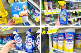 dollar general mr. clean, lysol, clorox, oxiclean 4 photo collage