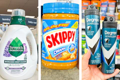 collage image of seventh generation laundry detergent, skippy peanut butter, and degree dry spray deodorant