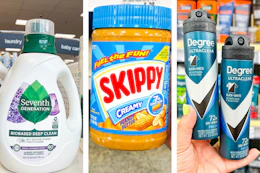 collage image of seventh generation laundry detergent, skippy peanut butter, and degree dry spray deodorant