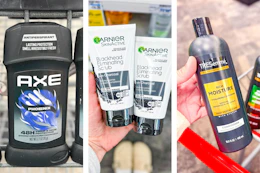 collage image of axe deodorant, garnier blackhead scrub, and tresemme shampoo