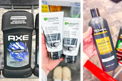 collage image of axe deodorant, garnier blackhead scrub, and tresemme shampoo