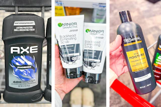 collage image of axe deodorant, garnier blackhead scrub, and tresemme shampoo