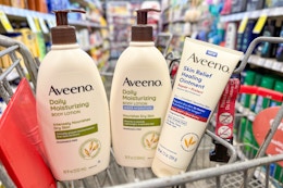 aveeno lotion and healing ointment in a cvs shopping cart