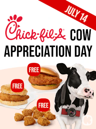 graphic with a cow for chick fil a cow appreciation day