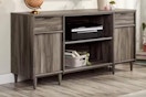 Lifestyle image of the Jet Acacia Computer Desk Credenza in home setting (close up shot)
