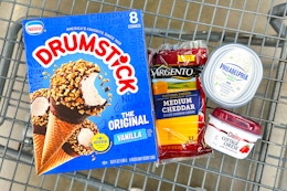 nestle drumstick, philadelphia, sargento, and daisy items in a shopping cart
