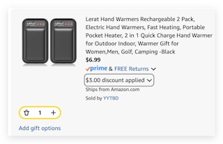 hand warmers promo in cart