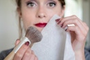 Get lipstick to last longer with a tissue and loose powder.
