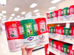 hand holding a seasonal pack of clorox wipes in front of cleaning items