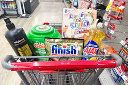 tresemme shampoo, gain flings, finish dishwasher tabs, ajax dish soap, and cinnamon toast crunch cereal in a cart