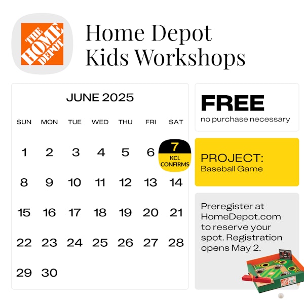 Calendar graphic of Home Depot Kids Workshops June 2025 Baseball Game