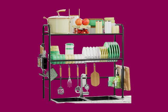 Tiered Dish-Drying Rack With Hooks, Only $25.98 on Amazon card image